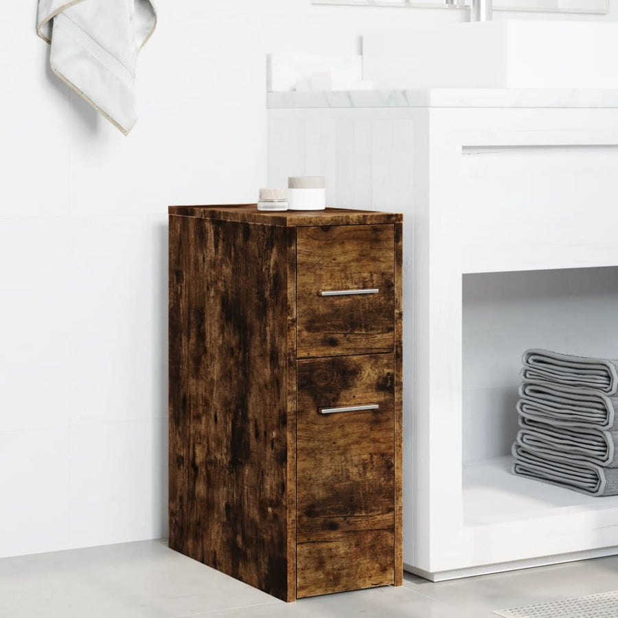 Badkamerkast smal met wielen bewerkt hout gerookt eikenkleurig