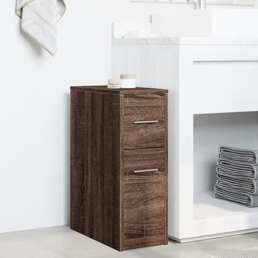 Badkamerkast smal met wielen bewerkt hout bruin eikenkleurig