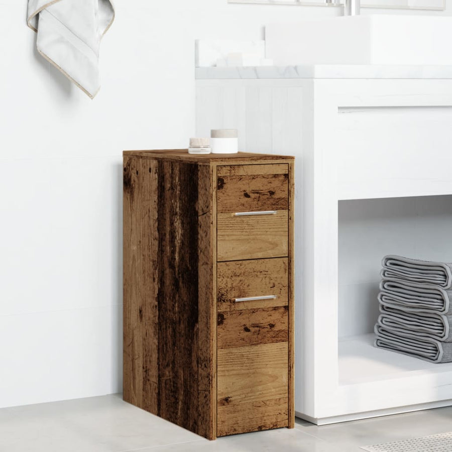 Badkamerkast smal met wielen bewerkt hout oud houtkleurig