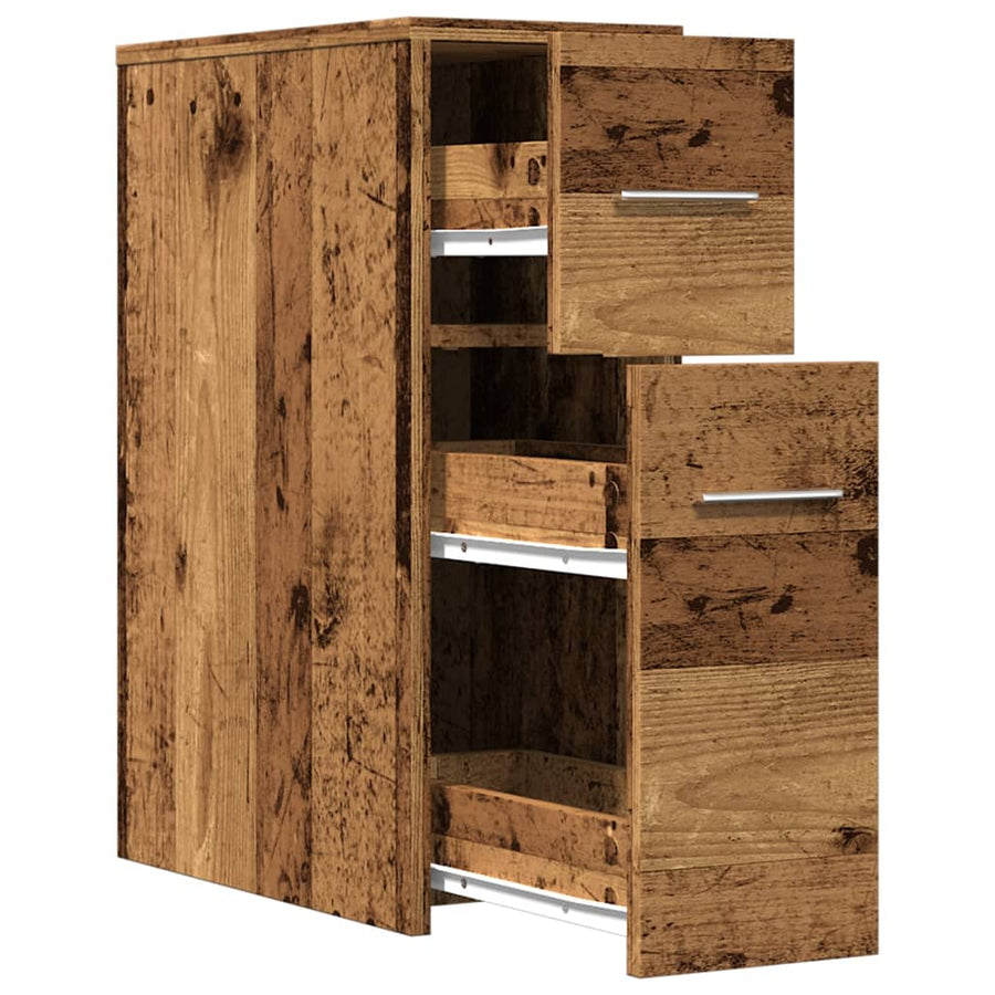 Badkamerkast smal met wielen bewerkt hout oud houtkleurig