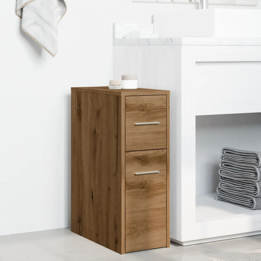Badkamerkast smal met wielen bewerkt hout artisanaal eikenkleur