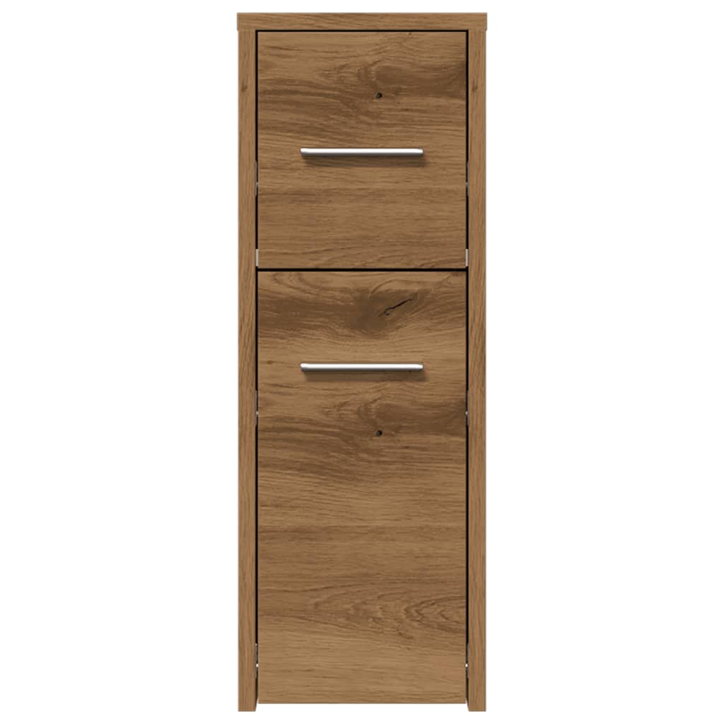 Badkamerkast smal met wielen bewerkt hout artisanaal eikenkleur