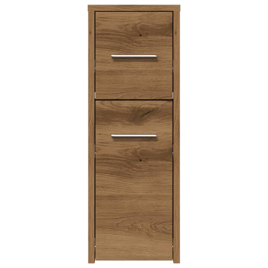 Badkamerkast smal met wielen bewerkt hout artisanaal eikenkleur