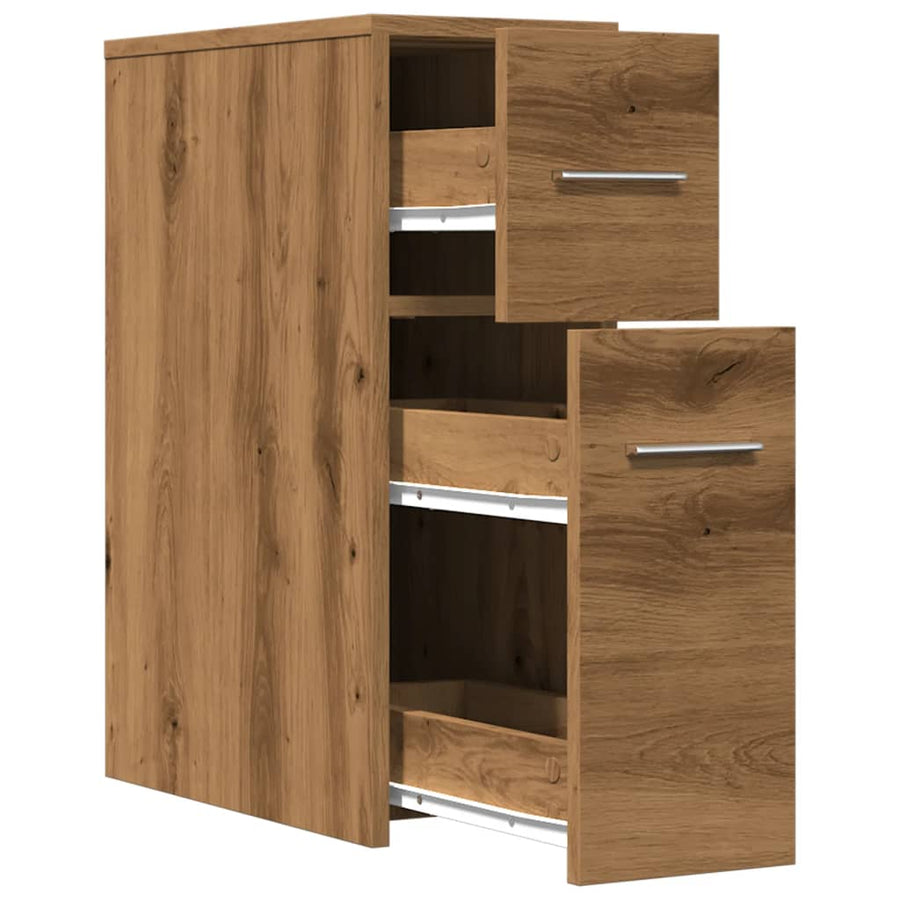 Badkamerkast smal met wielen bewerkt hout artisanaal eikenkleur