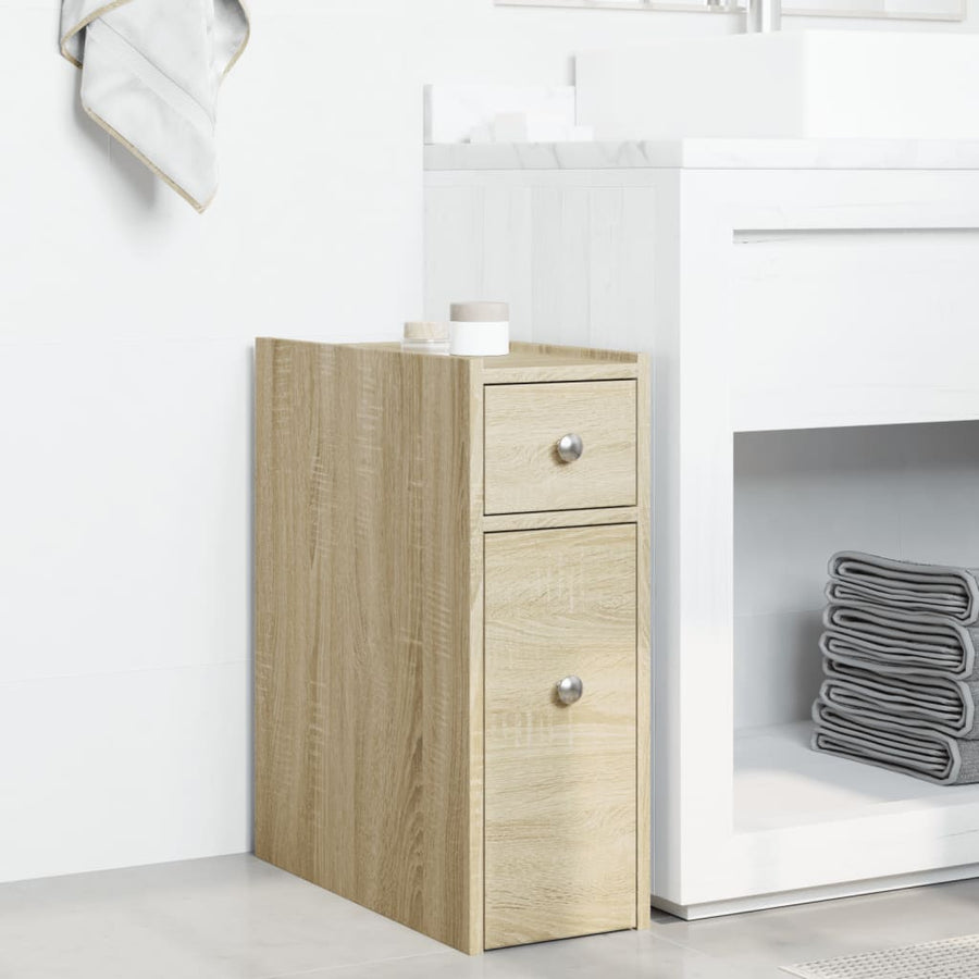Badkamerkast smal met wielen bewerkt hout sonoma eikenkleurig