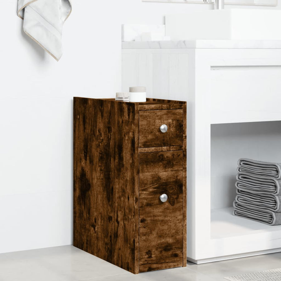 Badkamerkast smal met wielen bewerkt hout gerookt eikenkleurig