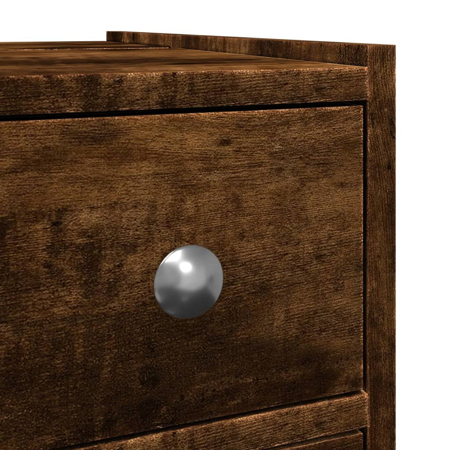 Badkamerkast smal met wielen bewerkt hout gerookt eikenkleurig
