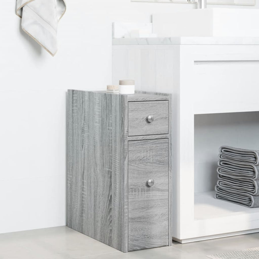 Badkamerkast smal met wielen bewerkt hout grijs sonoma eiken