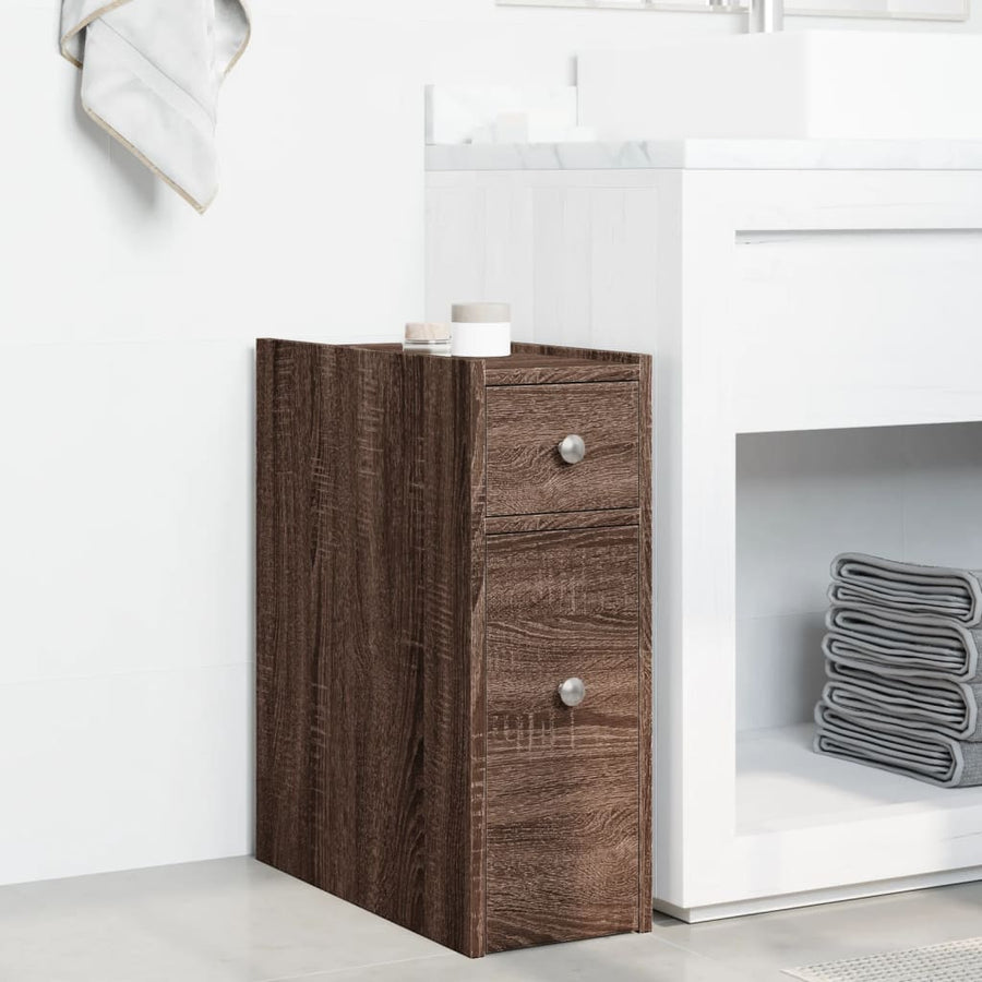 Badkamerkast smal met wielen bewerkt hout bruin eikenkleurig
