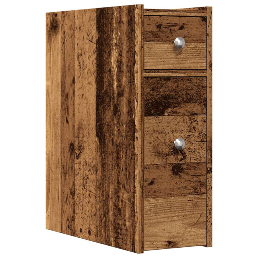 Badkamerkast smal met wielen bewerkt hout oud houtkleurig