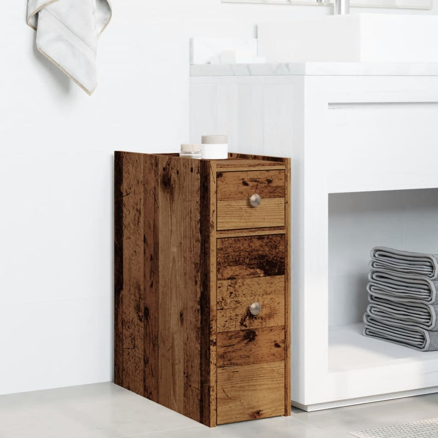 Badkamerkast smal met wielen bewerkt hout oud houtkleurig