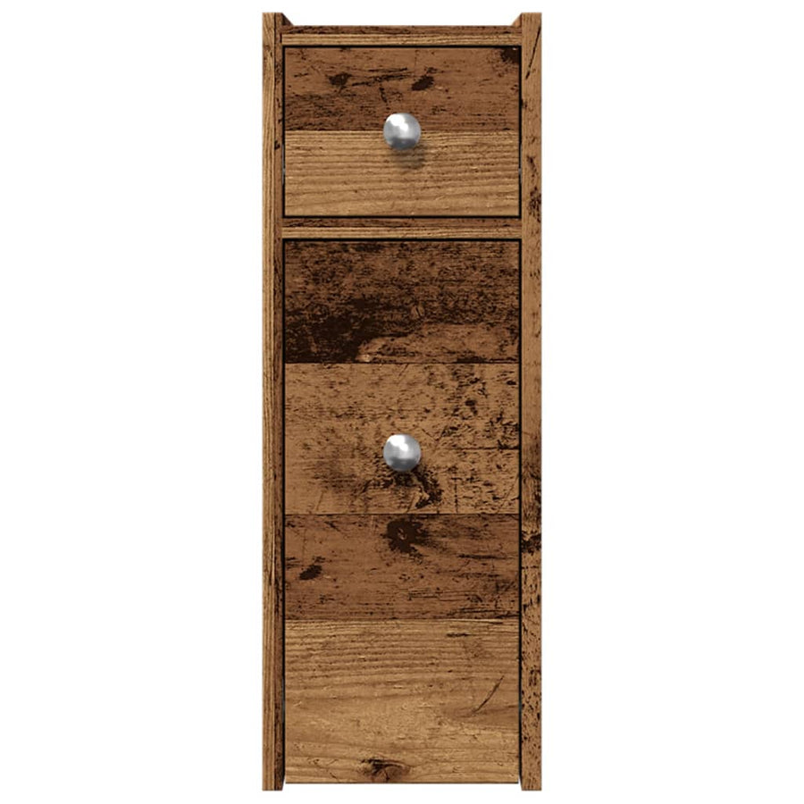 Badkamerkast smal met wielen bewerkt hout oud houtkleurig