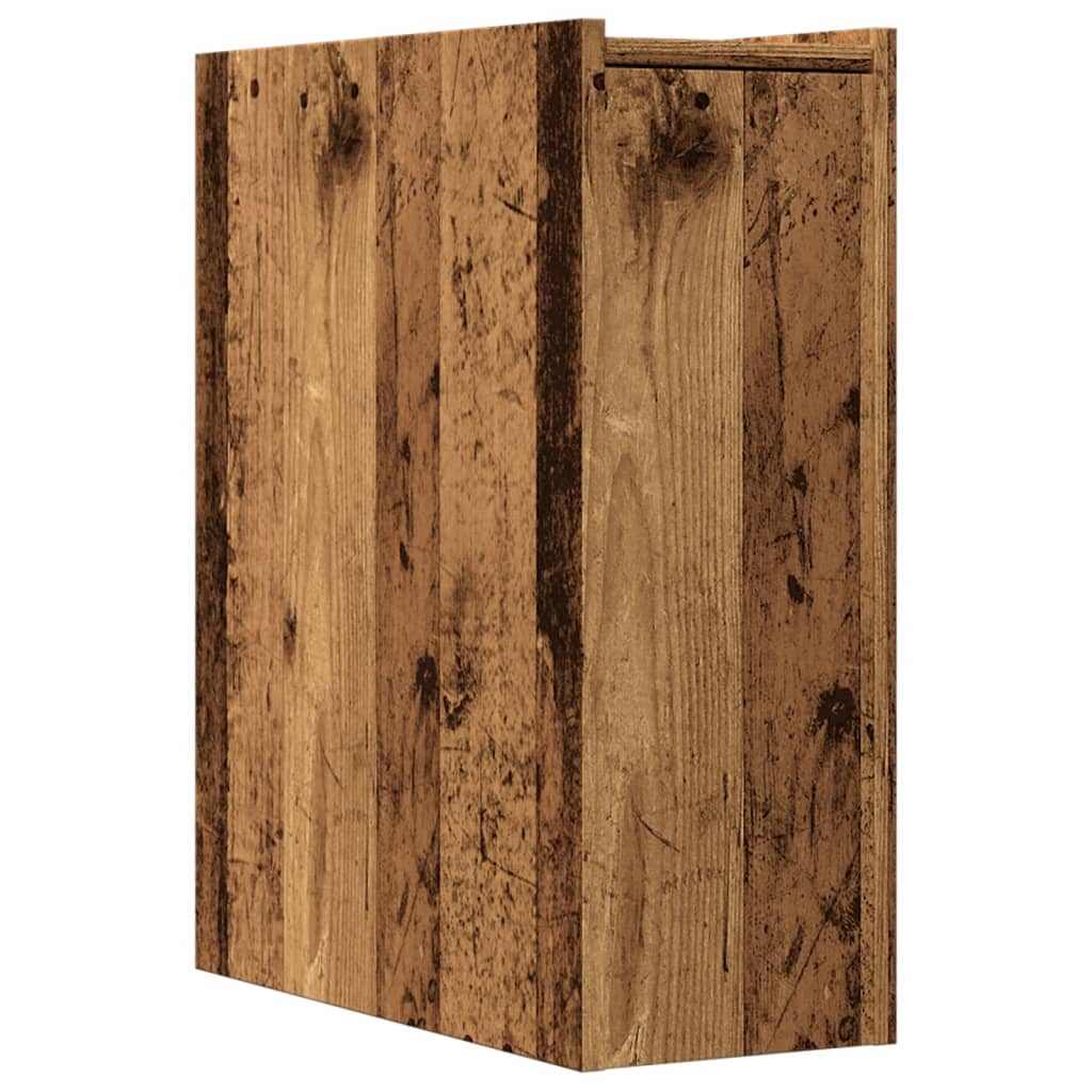 Badkamerkast smal met wielen bewerkt hout oud houtkleurig