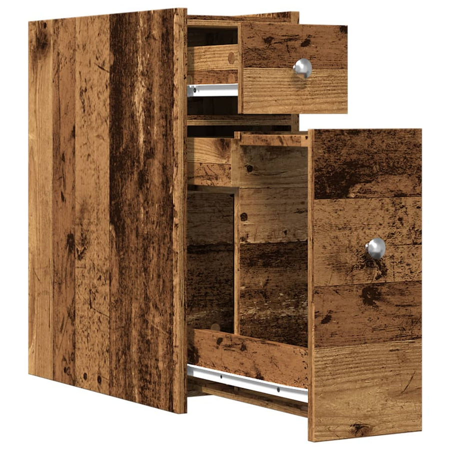 Badkamerkast smal met wielen bewerkt hout oud houtkleurig