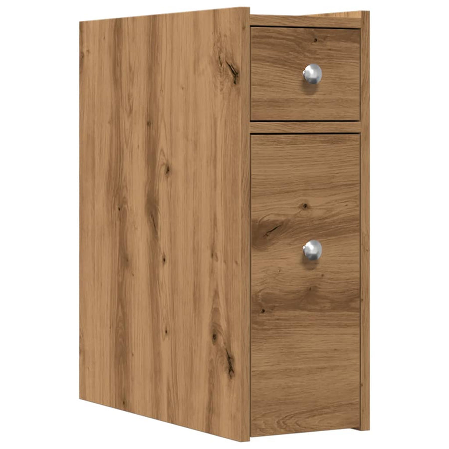 Badkamerkast smal met wielen bewerkt hout artisanaal eikenkleur