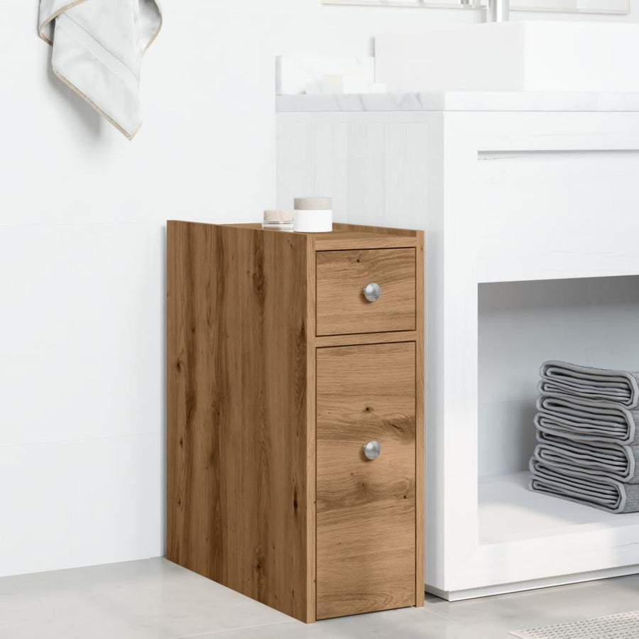 Badkamerkast smal met wielen bewerkt hout artisanaal eikenkleur