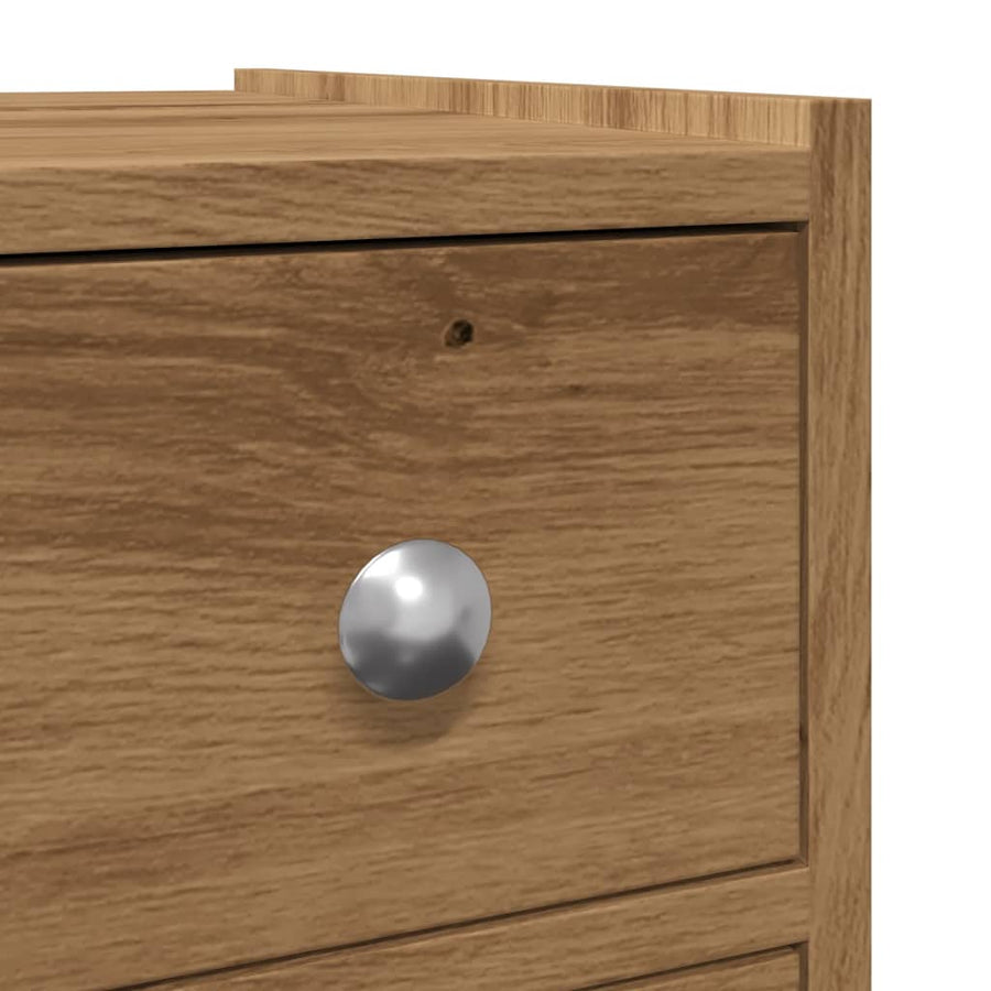 Badkamerkast smal met wielen bewerkt hout artisanaal eikenkleur