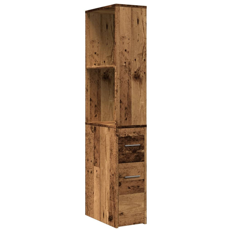 Badkamerkast smal met wielen bewerkt hout oud houtkleurig