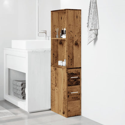 Badkamerkast smal met wielen bewerkt hout oud houtkleurig