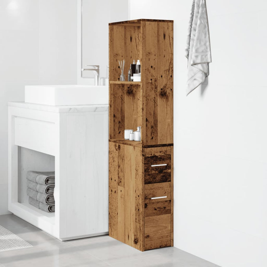 Badkamerkast smal met wielen bewerkt hout oud houtkleurig