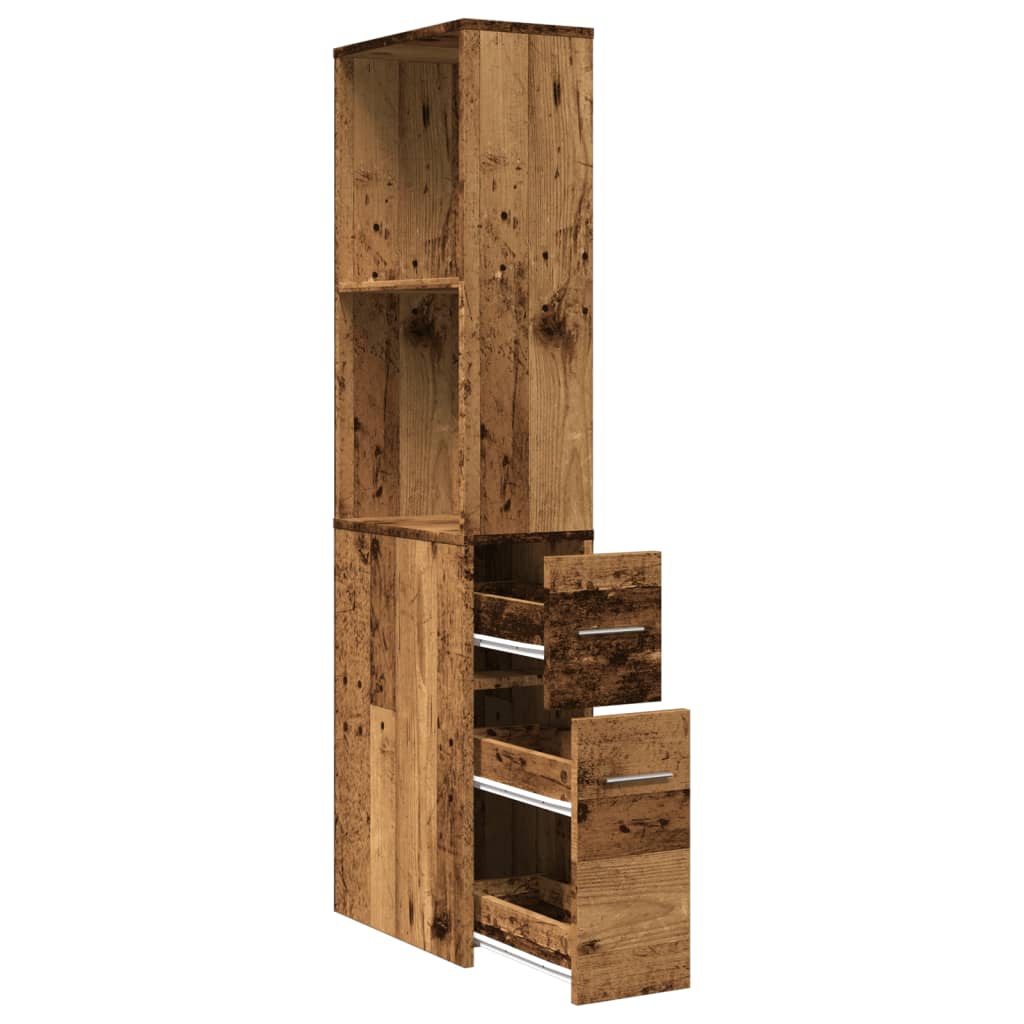 Badkamerkast smal met wielen bewerkt hout oud houtkleurig