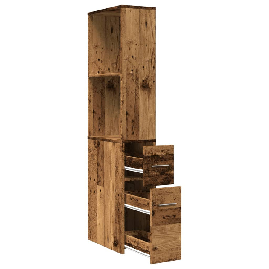 Badkamerkast smal met wielen bewerkt hout oud houtkleurig