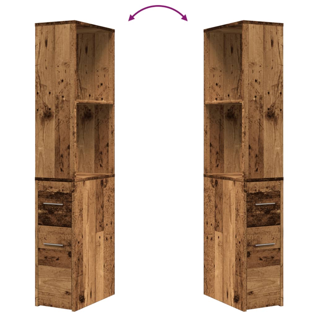 Badkamerkast smal met wielen bewerkt hout oud houtkleurig
