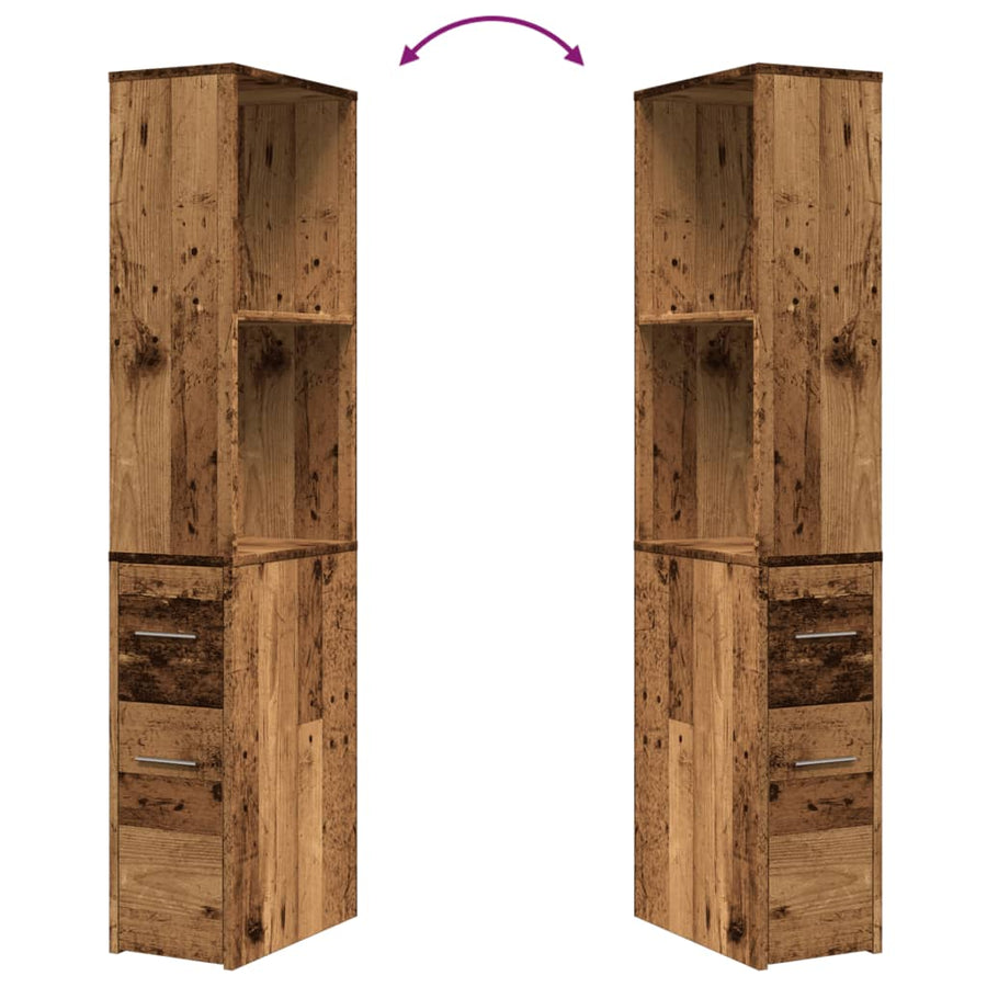 Badkamerkast smal met wielen bewerkt hout oud houtkleurig