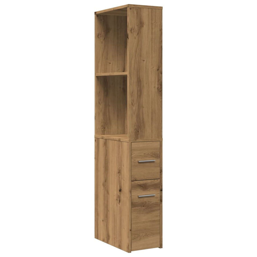 Badkamerkast smal met wielen bewerkt hout artisanaal eikenkleur