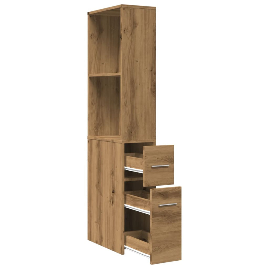 Badkamerkast smal met wielen bewerkt hout artisanaal eikenkleur