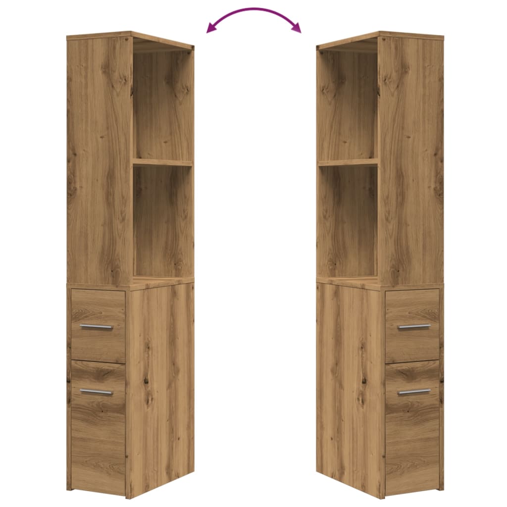 Badkamerkast smal met wielen bewerkt hout artisanaal eikenkleur