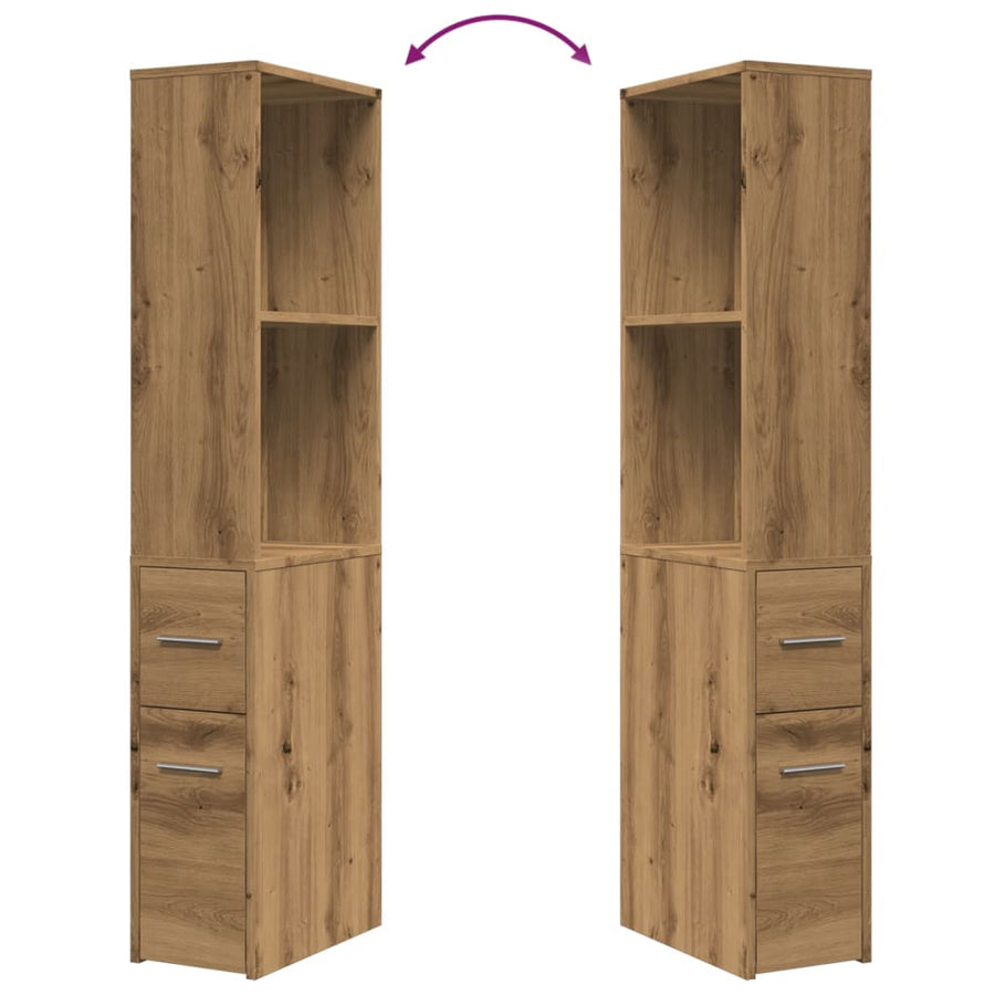 Badkamerkast smal met wielen bewerkt hout artisanaal eikenkleur