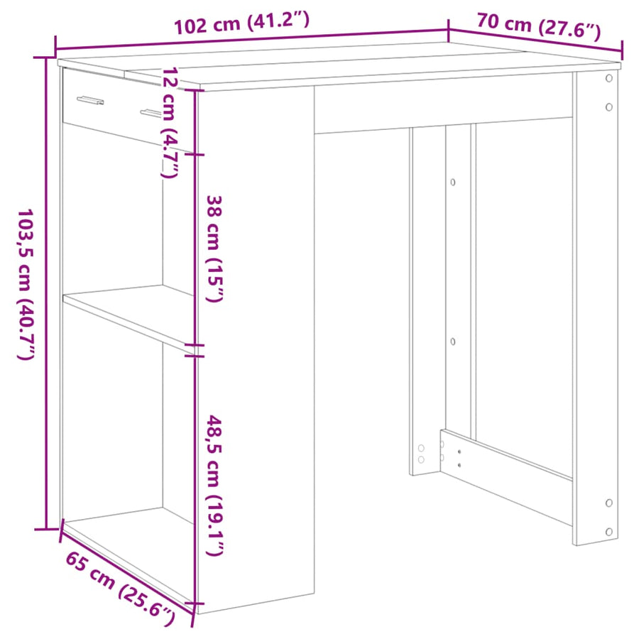 Bartafel 102x70x103,5 cm bewerkt hout wit