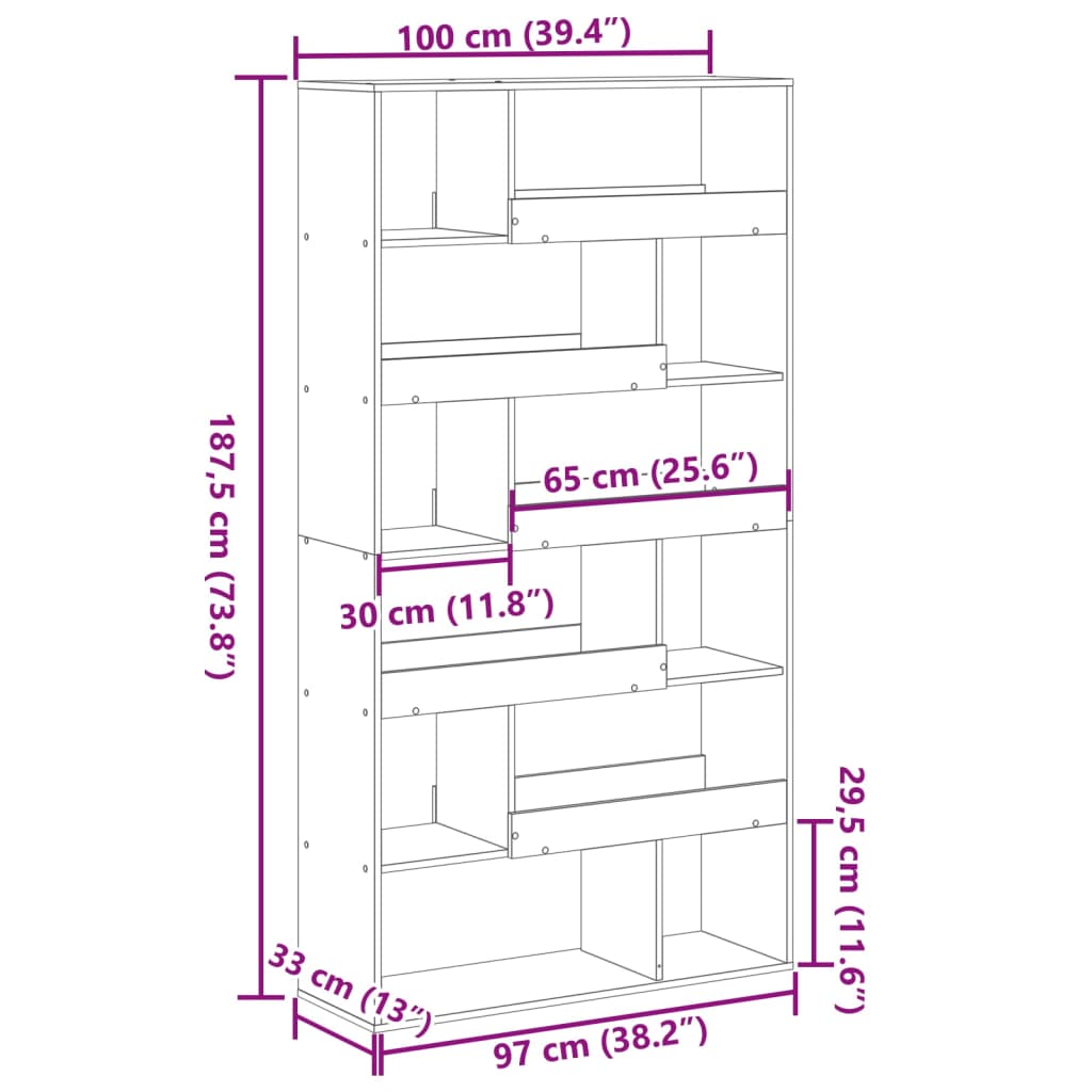 Boekenkast 100X33X187,5 Cm Bewerkt Hout Kleurig 187.5 cm