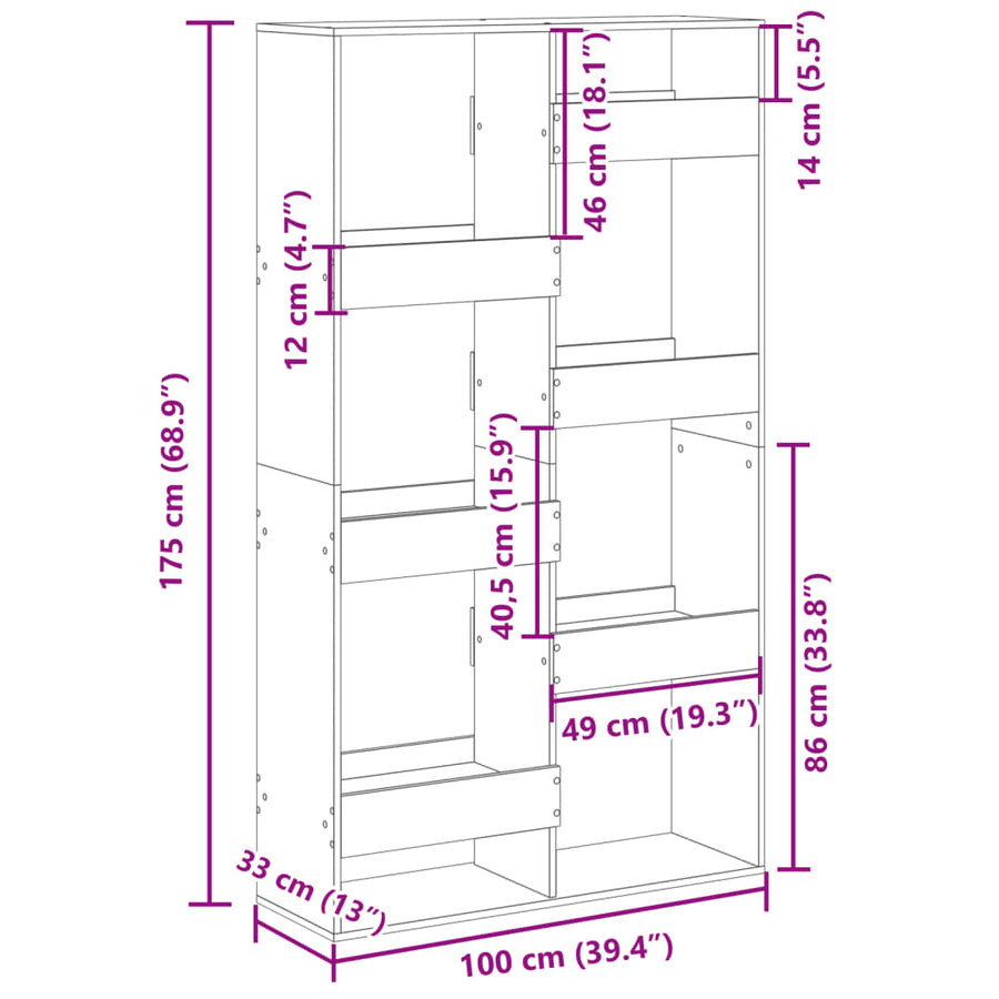 Boekenkast 100x33x175 cm bewerkt hout betongrijs