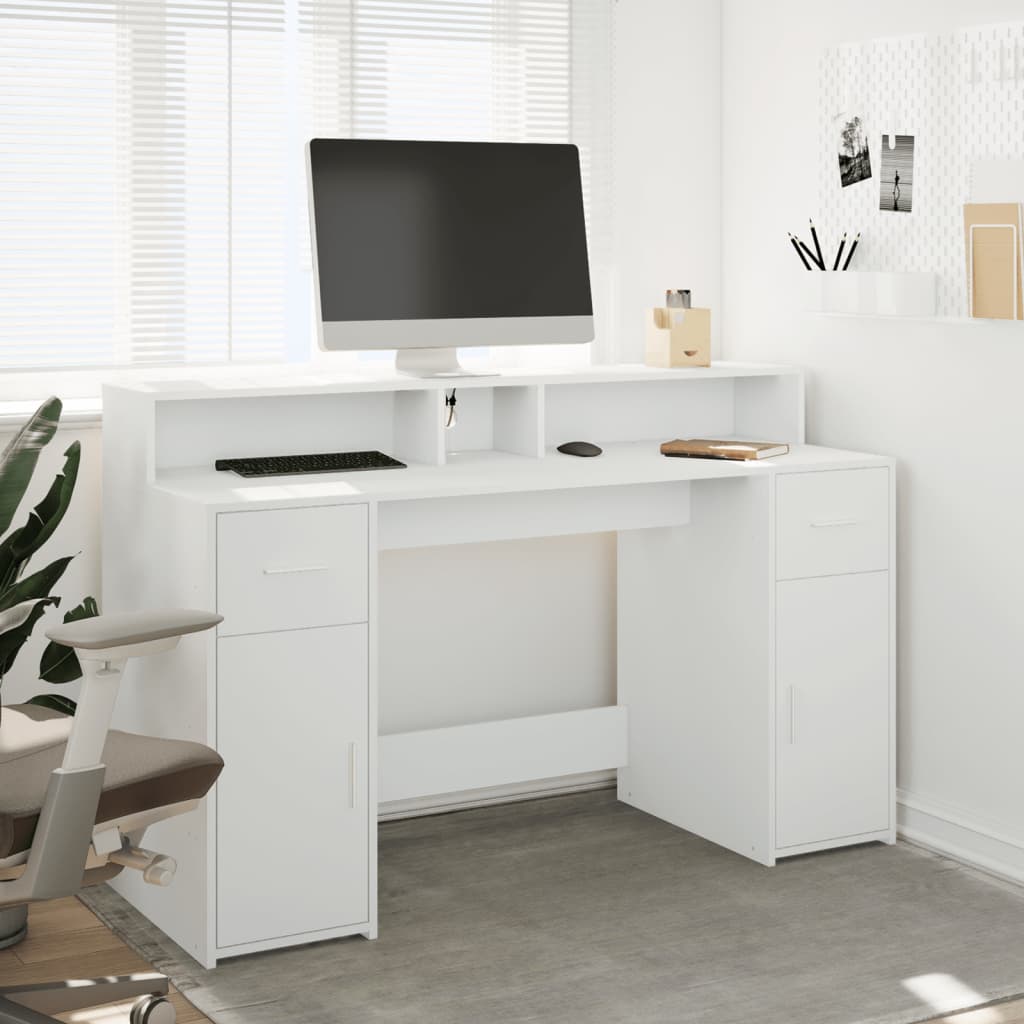 Bureau met LED-verlichting 140x55x91 cm bewerkt hout wit