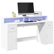 Bureau 160x55x91 cm bewerkt hout wit met LED-verlichting