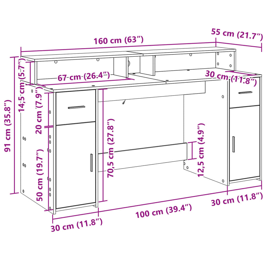 Bureau met LED-verlichting 160x55x91 cm bewerkt hout zwart