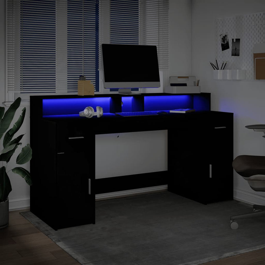 Bureau met LED-verlichting 160x55x91 cm bewerkt hout zwart