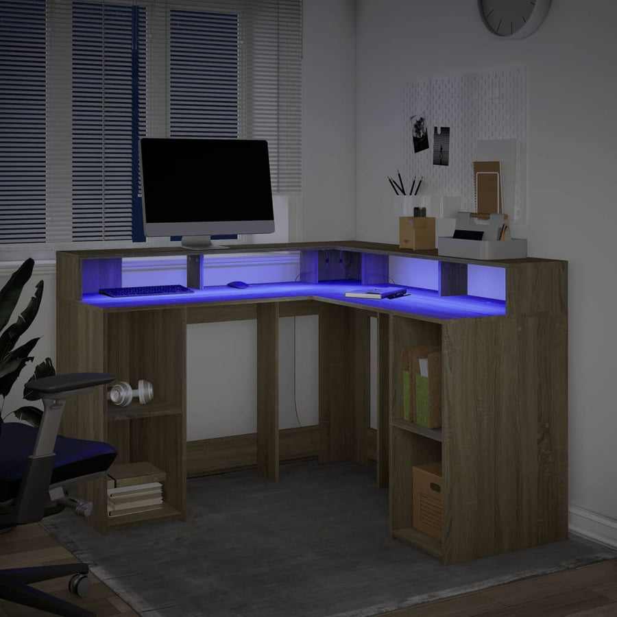Bureau met LED-verlichting 130x130x91 cm hout sonoma eikenkleur