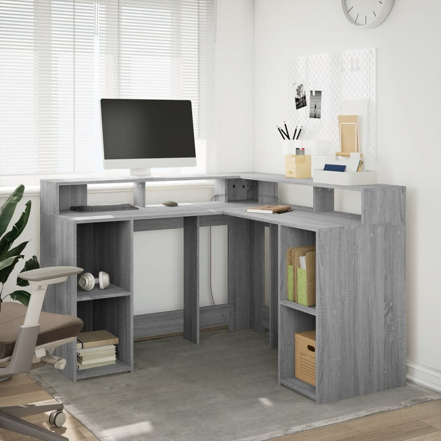 Bureau met LED-verlichting 130x130x91 cm hout grijs sonoma