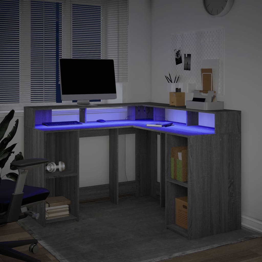 Bureau met LED-verlichting 130x130x91 cm hout grijs sonoma