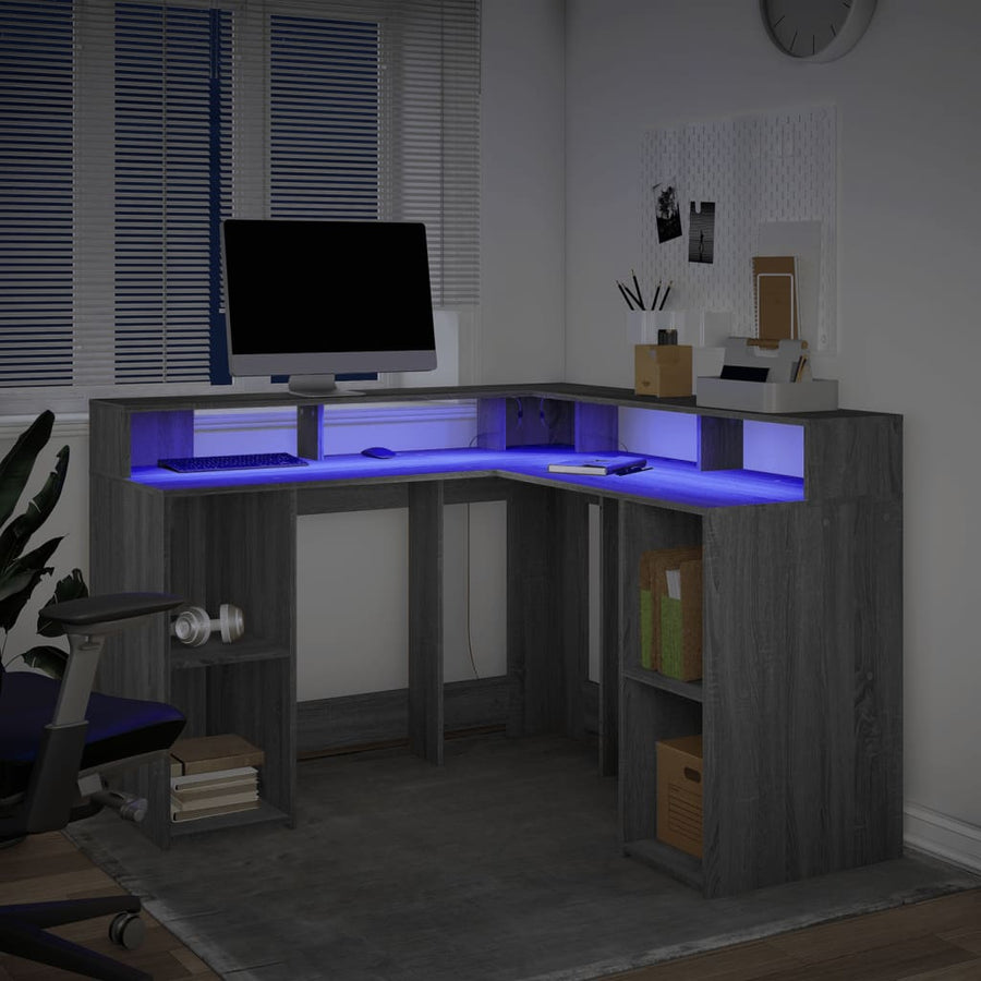 Bureau met LED-verlichting 130x130x91 cm hout grijs sonoma