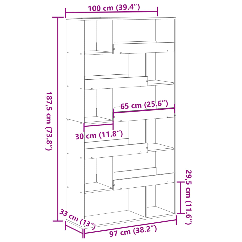 Kamerscherm 100x33x187,5 cm bewerkt hout artisanaal eikenkleur