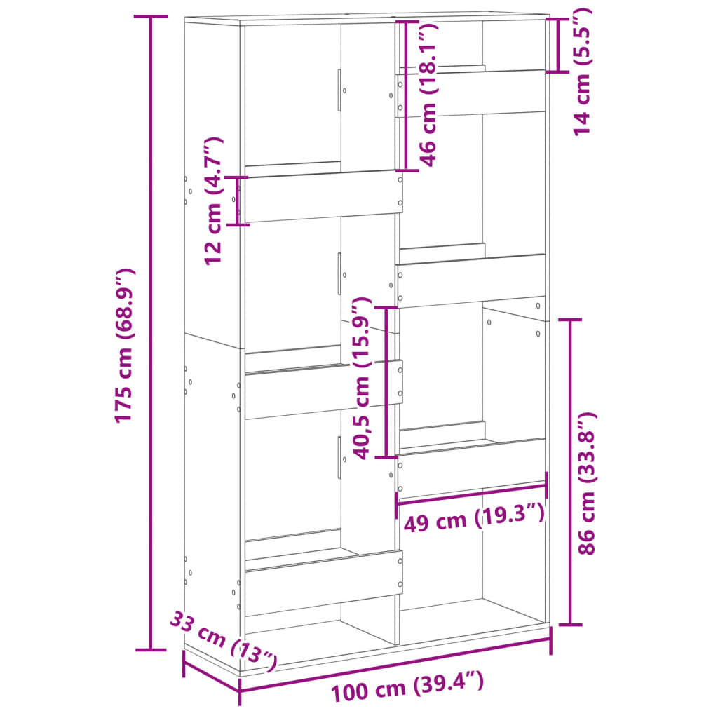 kamerscherm 100x33x175 cm bewerkt hout grijs sonoma eikenkleur