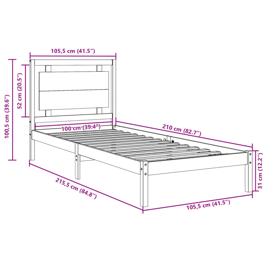 Bedframe extra lang zonder matras massief hout 100x210 cm