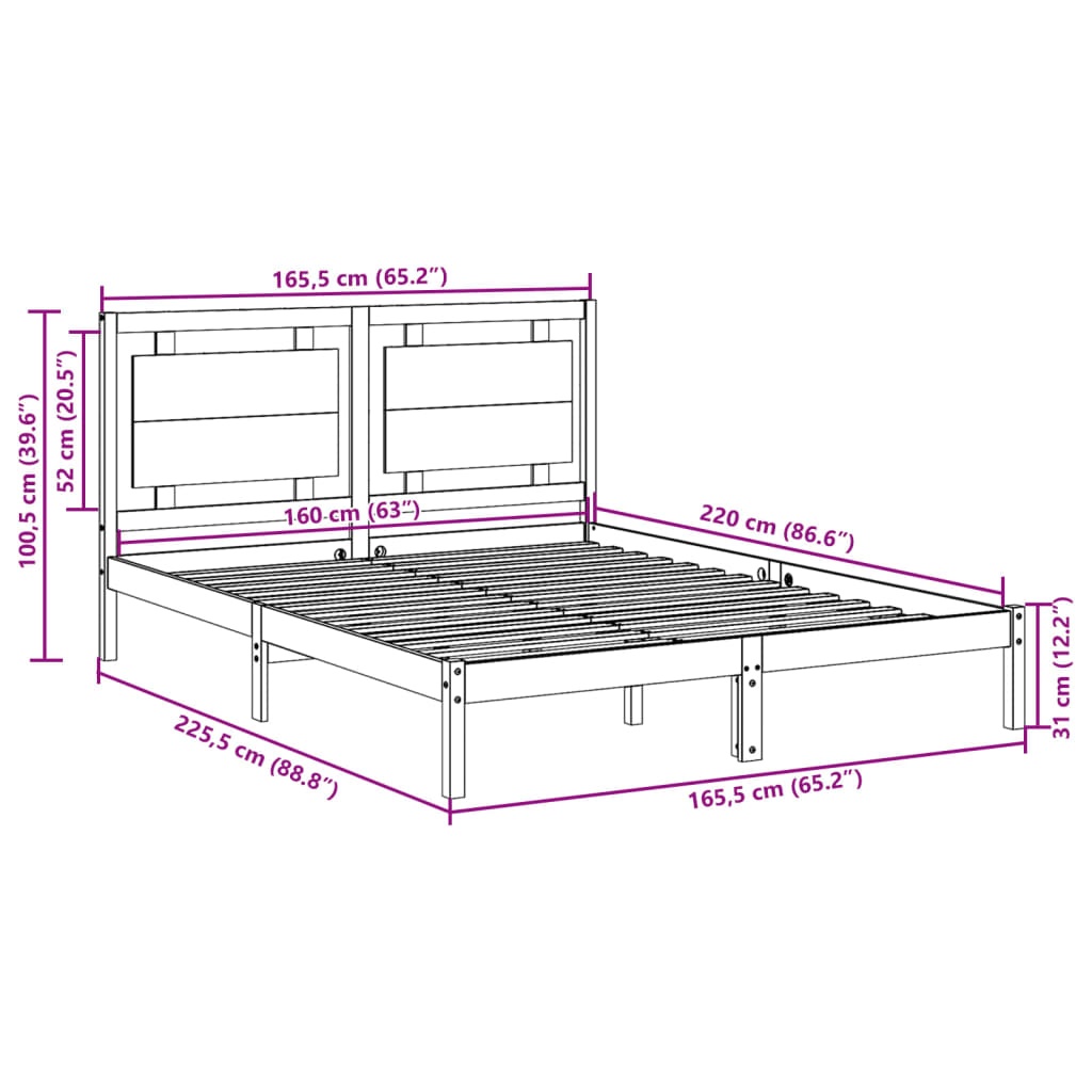 Bedframe extra lang zonder matras massief hout 160x220 cm