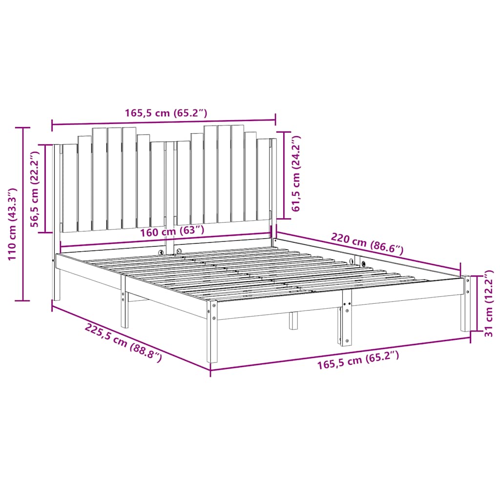 Bedframe Extra Lang Zonder Matras Massief Hout 160 x 220 cm Naturel
