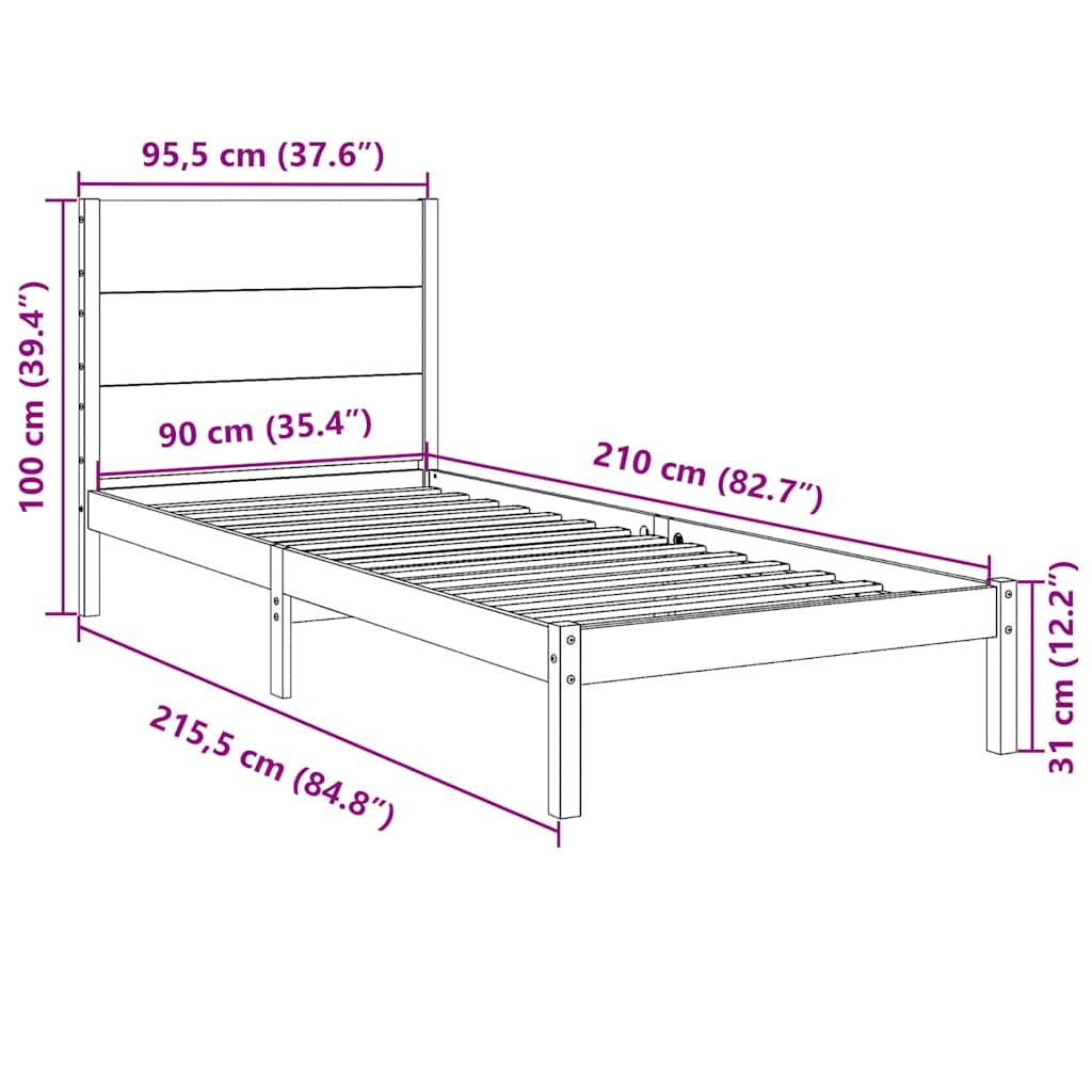 Bedframe Extra Lang Zonder Matras Massief Hout 90 x 210 cm Naturel