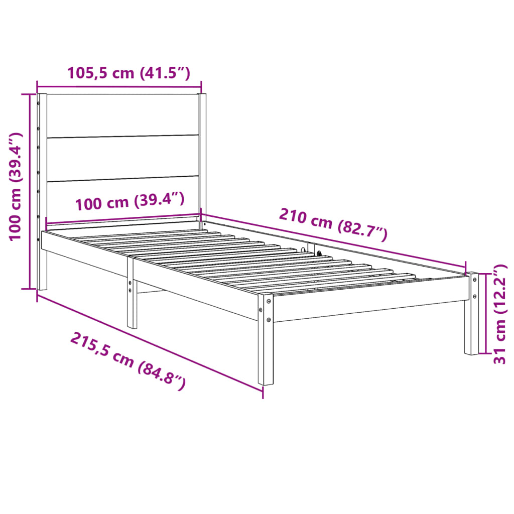 Bedframe extra lang zonder matras massief hout 100x210 cm